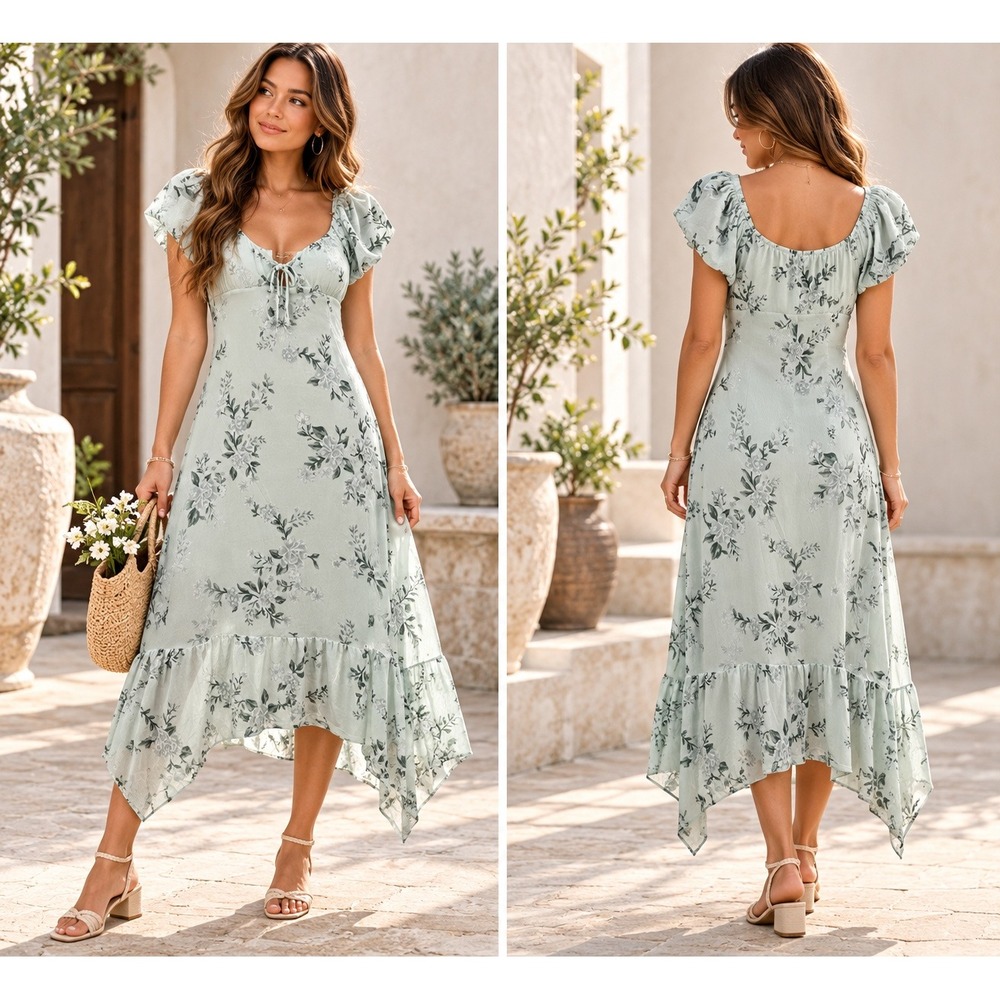 New XL Sage Green Floral Midi Dress Handkerchief Hem Cottagecore Y2K Style